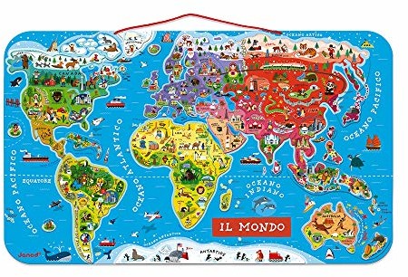 Janod J05513 Puzzle magnetyczna mapa świata z drewna, 92 części, włoskie J05513