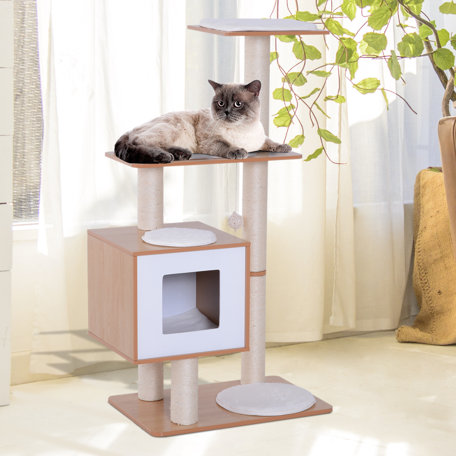 PawHut DRAPAK DLA KOTA DRZEWKO DO WSPINANIA SIZAL PODUSZKA PIŁKA naturalny 60 x 40 x 120 cm