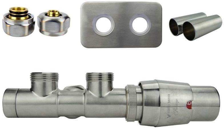 Varioterm Zawór termostatyczny TWINS All in One z rozetą prostokątną - nikiel szlifowany alu-pex - PEX 16 mm prawa APTSGS0208CFK/P(Pex)