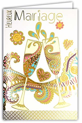Afie Kartka z życzeniami, wesele, kartka z życzeniami złoconymi złotem, 2 kieliszki do szampana, wino, białe wino, bąbelki, serca, kwiaty, wyprodukowana we Francji 69-7077