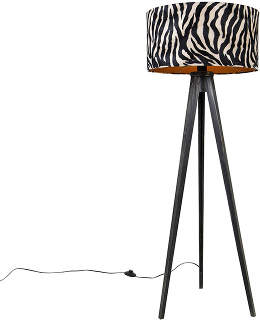QAZQA Lampa podłogowa statyw czarna z kloszem zebra 50 cm - Tripod Classic