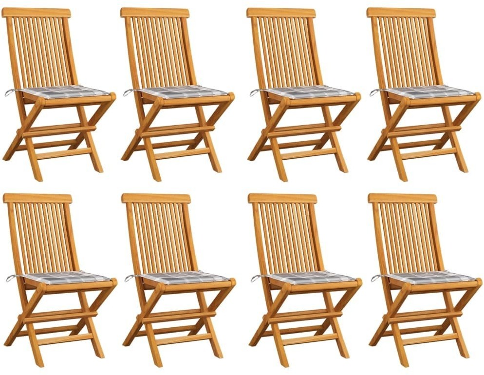 vidaXL Krzesła ogrodowe z poduszkami w szarą kratę, 8 szt., tekowe! 3072931