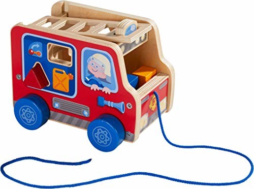 Haba 304317 - figurka pociągająca samochód strażacki, zabawka ciągnąca dla dzieci od 12 miesięcy, zachęca do nauki chodzenia, z klockami do wtykania