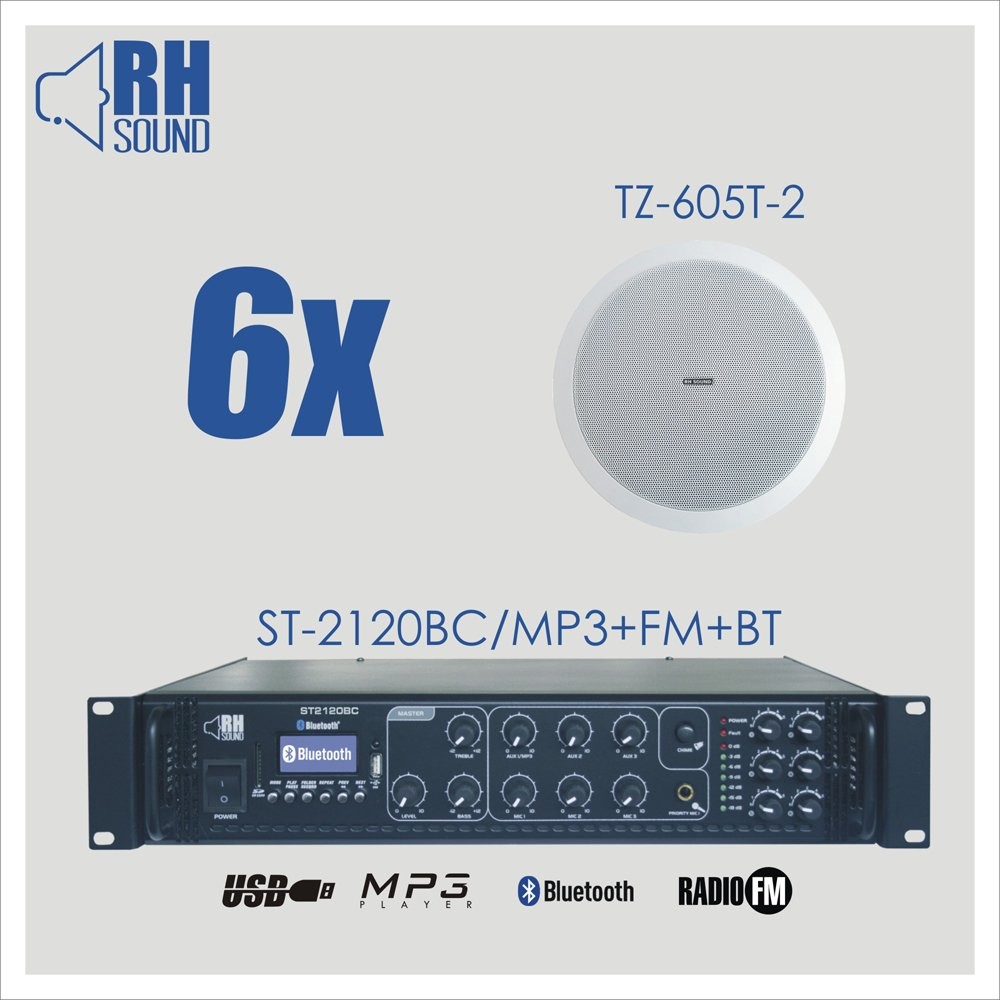 RH Sound ST-2120BC/MP3+FM+BT + 6x TZ-605T-2 - nagłośnienie sufitowe