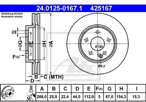 ATE TARCZA HAM 24.0125-0167.1 MERCEDES W169 A200 CDI 04-, W245 B180 CDI, B200, B200 CDI 05-  24.0125-0167.1