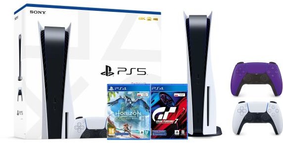 Sony PlayStation 5 + Gran Turismo 7 + Horizon Forbidden West + dodatkowy pad fioletowy