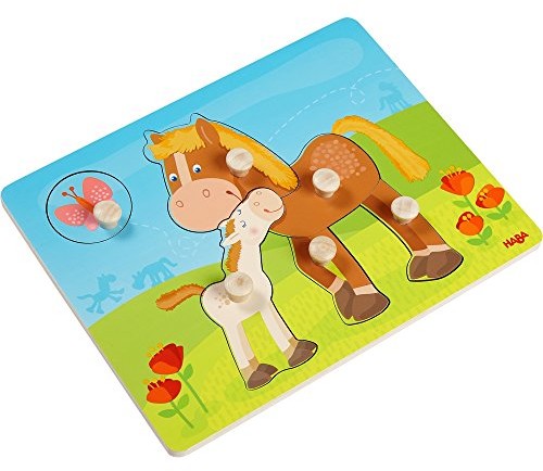 Haba 303771 puzzle z motywem koni, 6-częściowy zestaw drewnianych puzzli z motywami koni i dużymi, poręcznymi drewnianymi guzikami, zabawka drewniana dla dzieci od 12 miesięcy