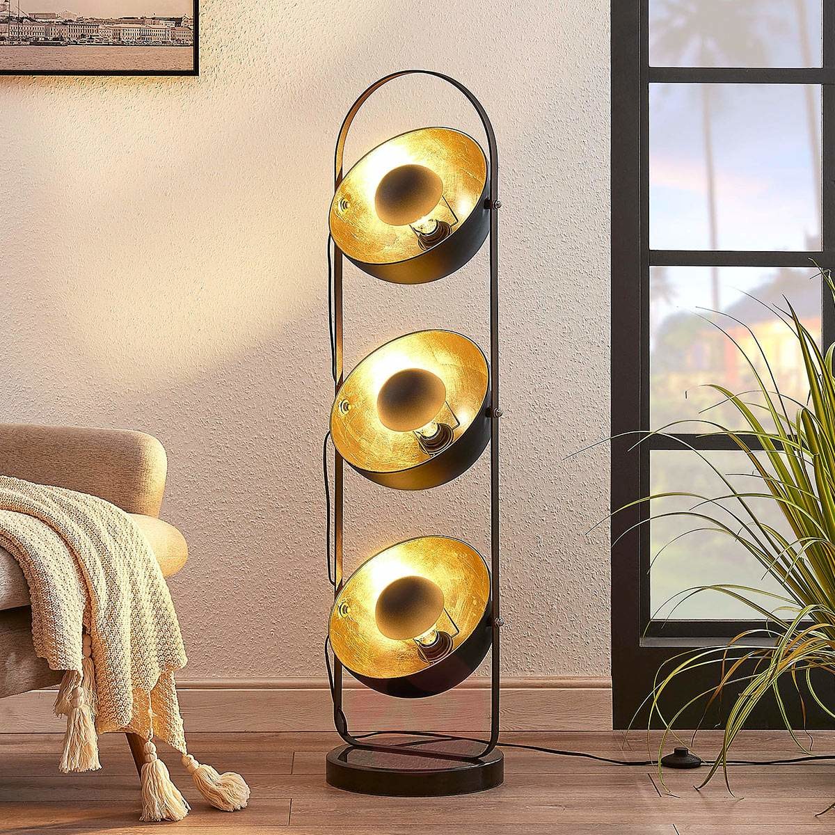 Lampenwelt com Lampa stojąca Muriel 3-pkt. czarna/złota