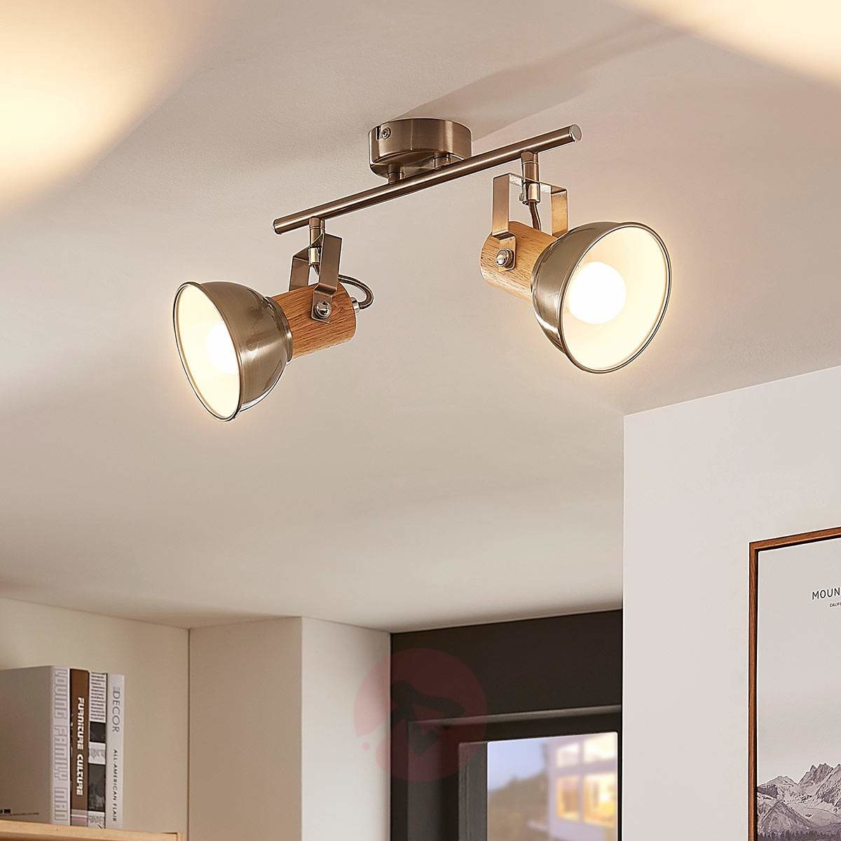 Lampenwelt COM Lampa sufitowa LED Dennis, 2-punktowa, z drewnem