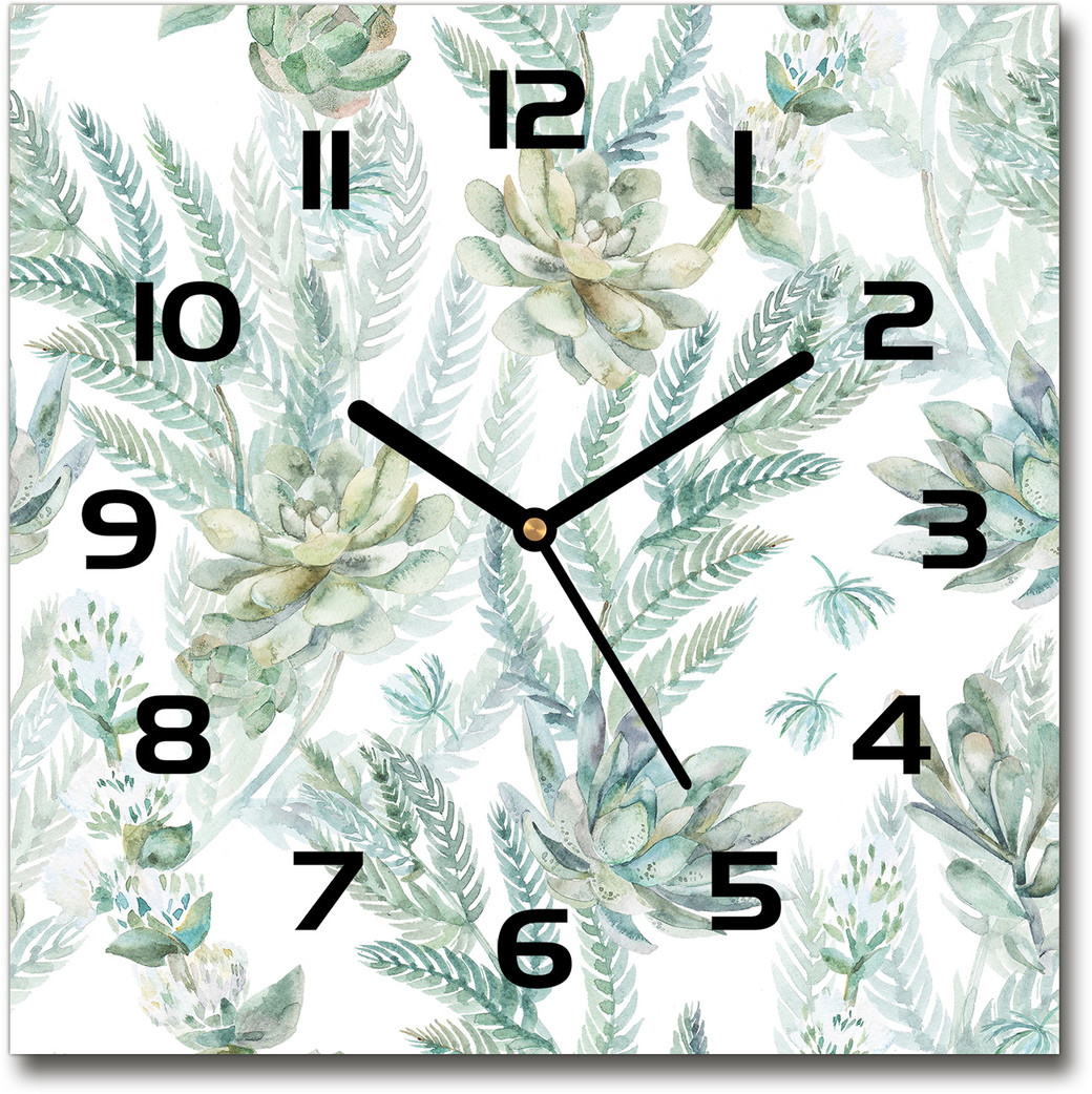Zegar szklany kwadratowy Kwiaty i liście