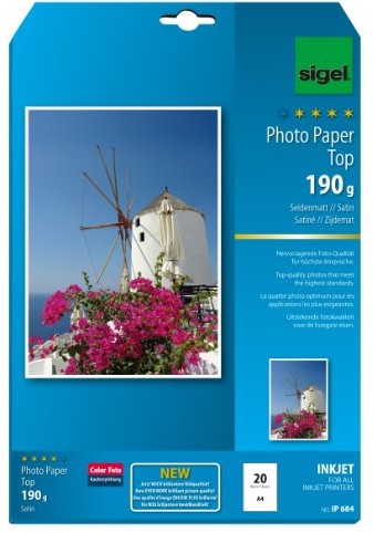 Sigel ip684 inkjet Photo Paper Top, A4, 20 arkuszy, jedwabiście matowy, Bright White, 190 G