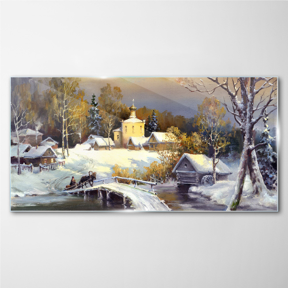 PL Coloray Obraz na Szkle zima śnieg wieś 100x50cm