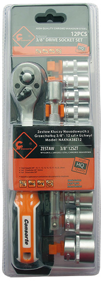Consorte ZESTAW KLUCZY NASADKOWYCH 3/8'' z GRZECHOTKĄ - 12 ELEMENTÓW - 10-24 mm.