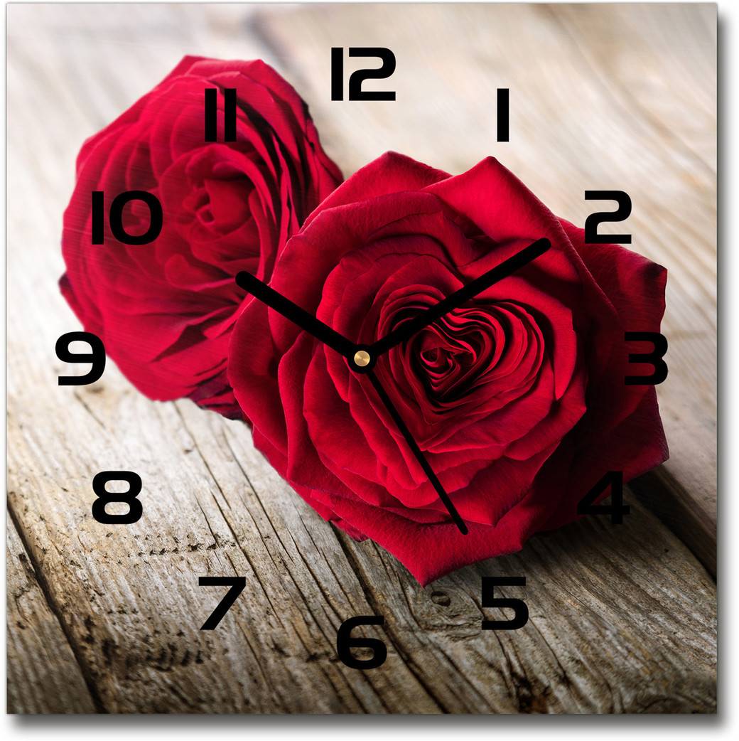 Zegar szklany kwadratowy Róże na drewnie