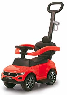 Jamara 460461 Rutscher VW T-ROC 3in1 Kippschutz, Kofferraum, Schub-und Haltestange mit Lenkfunktion, Rückenlehne, seitlichen Schutzbügel, ausziehbare Fußauflage, Sound/Hupe am Lenkrad, rot