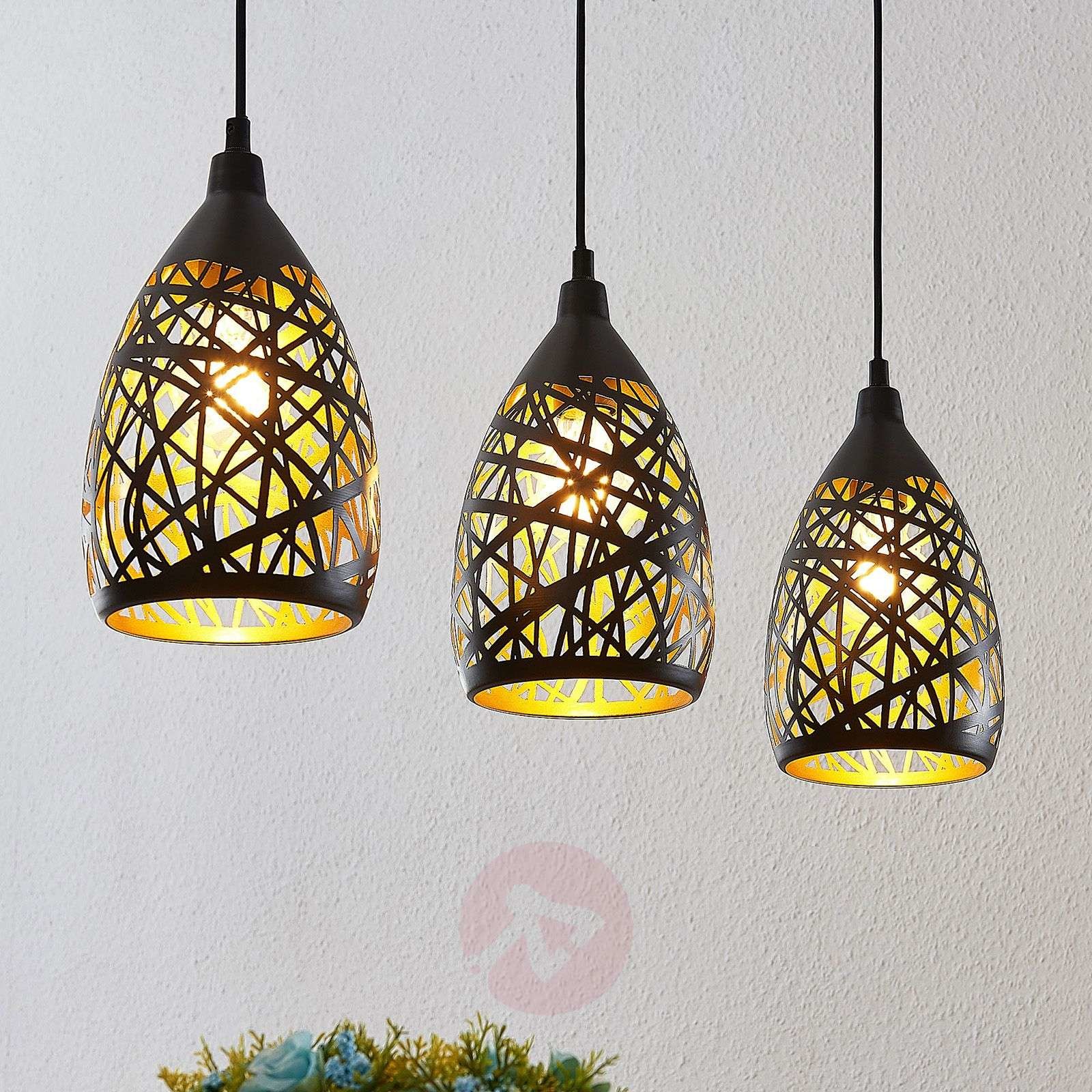 Lindby Marcello lampa wisząca, 3-pkt. czarno-złota