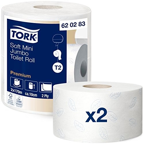 Tork Mini Jumbo uchwyt na papier toaletowy, miękki, system T2, 170 m X 9,7 cm, 2 rolki z wysokimi 1214 arkuszy 620283