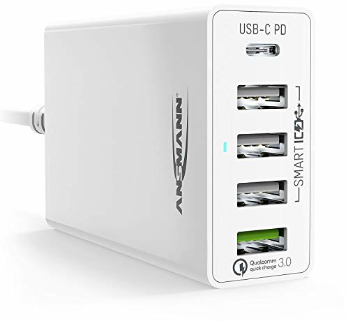 Ansmann 5-portowa ładowarka USB 60 W USB-C Power Delivery 30 W & Quick Charge 3.0 ładowarka z inteligentnym sterowaniem ładowania do telefonów komórkowych, smartfonów, tabletów, GoPro, Raspberry Pi,