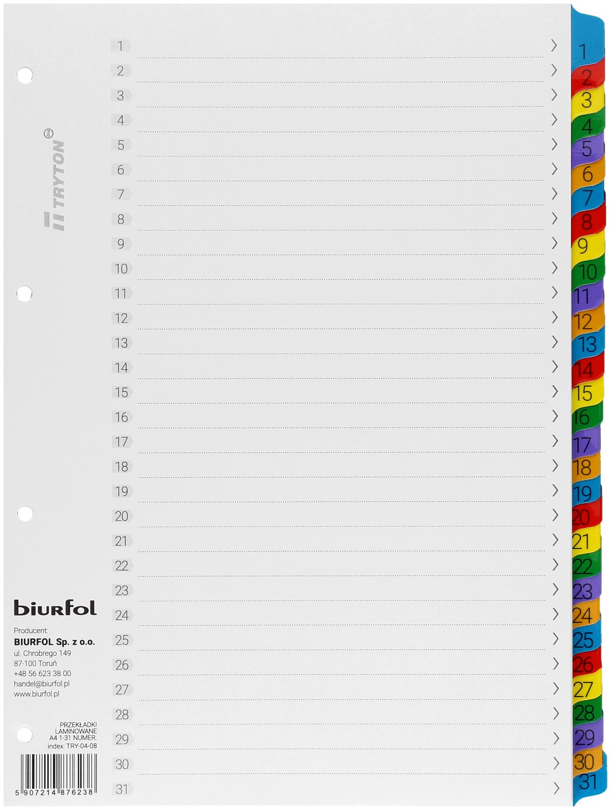 BIURFOL Przekładki kartonowe A4 1-31 numeryczne Biurfol