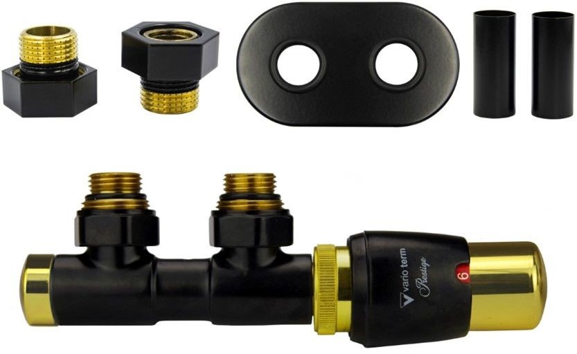 Vario Term Zawór termostatyczny TWINS GLAMOUR All in One rozeta owalna - czarny ze złotem prawy 1/2 - instalacja 1/2 z gwintem wewnętrznym ATSGS0223CFK/P(GZ1/2)