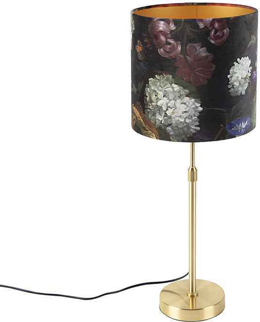 QAZQA Lampa stołowa regulowana złota/mosiądz klosz welurowy kwiaty 25cm - Parte