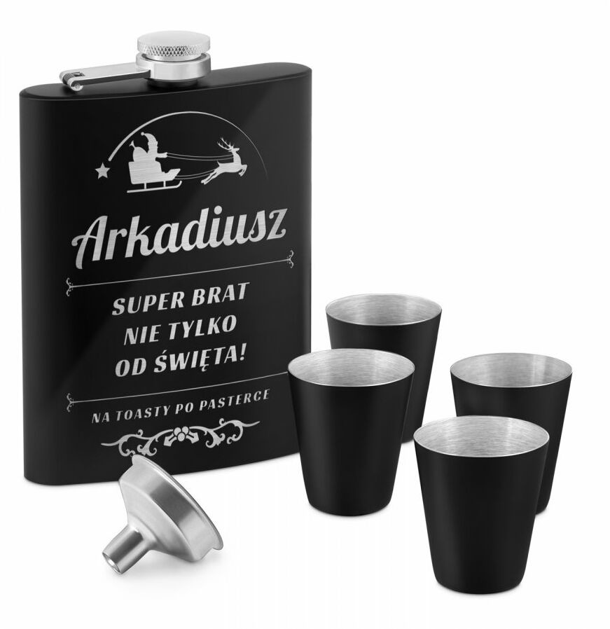 Murrano Piersiówka czarna z 4 kieliszkami i grawerem dla brata na święta PIER-BK-011