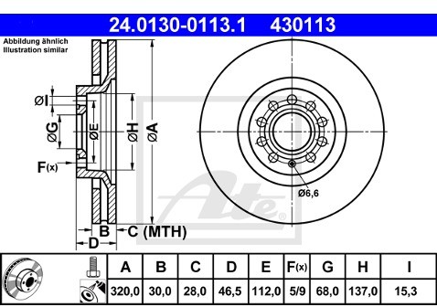ATE TARCZA HAM 24.0130-0113.1 AUDI A4 S4 QUATTRO 97-00, A6 2.7T QUATTRO 97-05, A6 3.0 01-05, 3.7 99-05, A8 2.5TDI 00-02, 2.8 96-  24.0130-0113.1