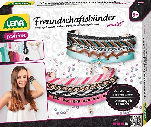 Lena 42116 zestaw do majsterkowania, wielofunkcyjne taśmy przyjaźni, kompletny zestaw z 2 tasiemkami z satyny, przędza w 8 kolorach, 3 sznurki i 2 zapięcia, zestaw do wiązania dla dzieci od 8 lat, ze 42116