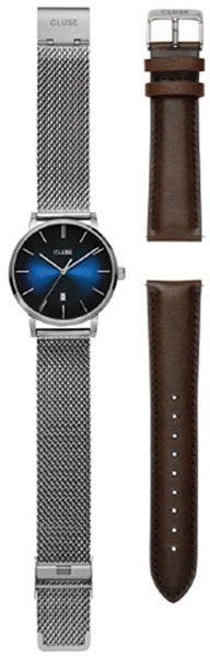 Cluse Zegarek CG20901 Mesh, Silver Blue Fume & Brown Leather Strap Gift Box -
