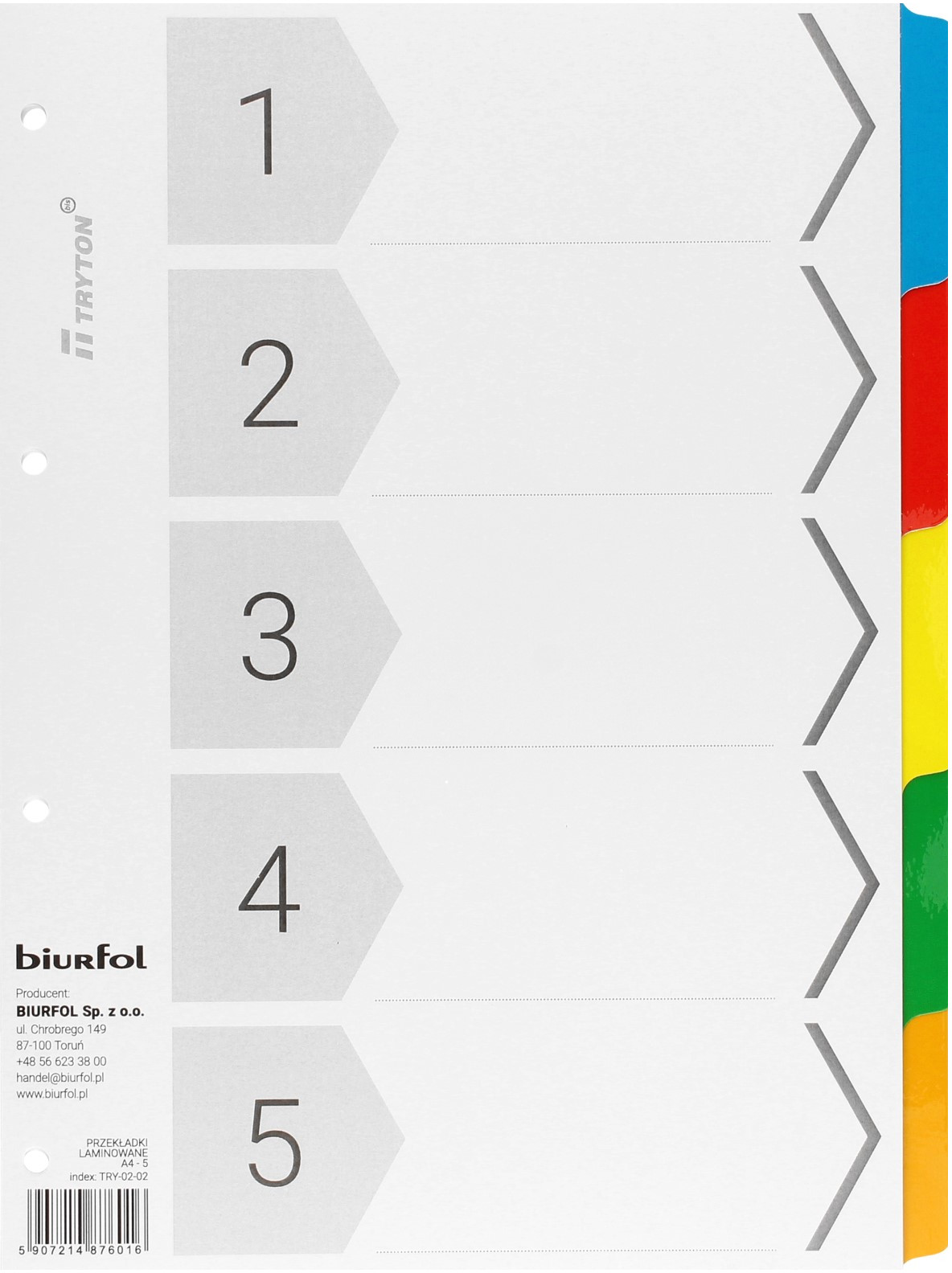 BIURFOL Przekładki kartonowe A4 5k kolorowe Biurfol