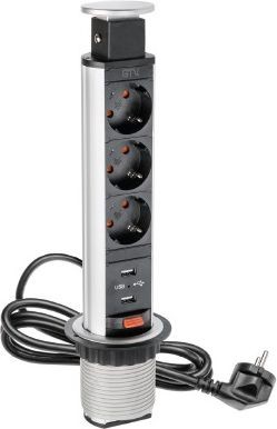 GTV Biurkowy przedłużacz wpuszczany 60mm srebrny 3 x SCHUKO 2 x USB 2,1A 5V 1,5m AE-BPW3S60U-80 AE-BPW3S60U-80
