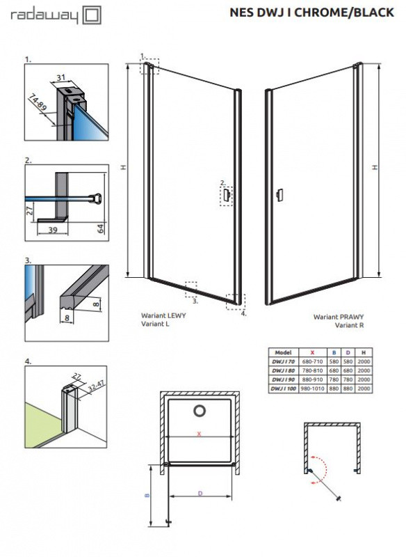 Radaway Nes DWJ I Drzwi 100x200 cm prawa chrom przezroczyste EasyClean 10026100-01-01R