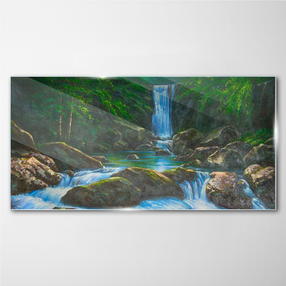 PL Coloray Obraz na Szkle wodospad skały drzewa 120x60cm