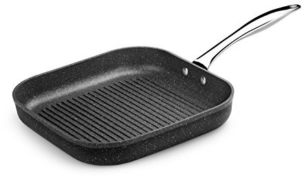 Monix Mineral patelnia do grillowania kwadratowa z rowkami 28 x 28 cm odlew aluminiowy z powłoką zapobiegającą przywieraniu, typ kamień, bez PFOA, nadaje się do kuchenek indukcyjnych M741230