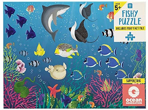 Talking Tables 100 sztuk ryb puzzle dla dzieci z pasującym plakatem i tektorem faktów oceanicznych | Gry edukacyjne dla dzieci, zabawki dla niemowląt, prezent urodzinowy, niebieski