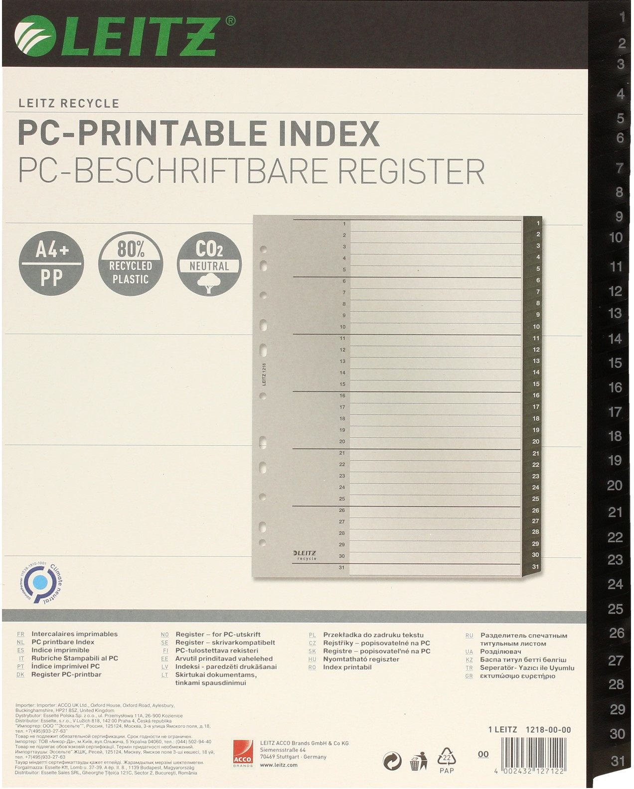 Leitz Przekładki PP A4 1-31 czarne Recycle