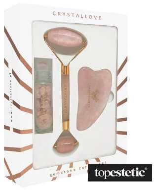 Crystallove Crystallove Rose Quartz Beauty Set ZESTAW Masażer do twarzy 1 szt. + Płytka do masażu twarzy gua sha 1 szt + Buteleczka z kryształkami kwarcu różowego na olejek 10 ml