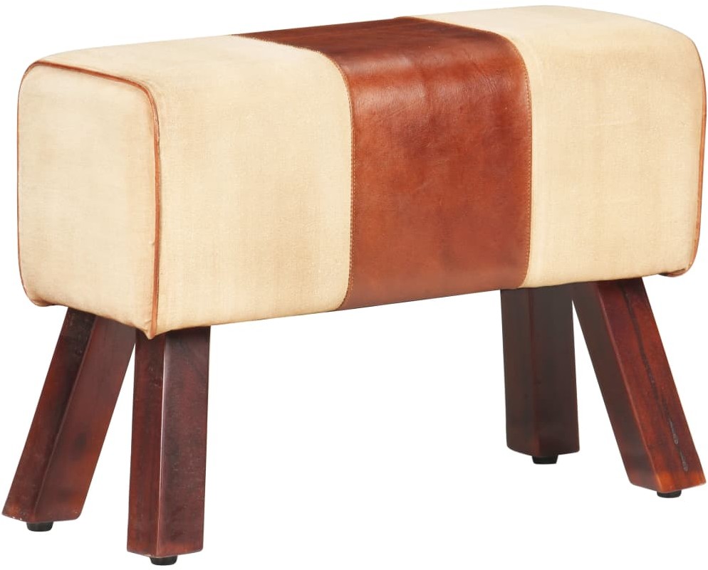 vidaXL Ławka, 58 cm, brązowa skóra naturalna i płótno