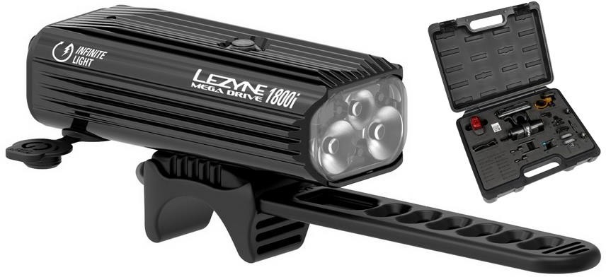 LEZYNE Zestaw lampki LED MEGA DRIVE LOADED PRO 1800i przód 1800 lumenów, usb czarna + KTV DRIVE tył + Mocowanie DIRECT X-LOCK SYSTEM + Mocowanie 31.8 GOLD ALLOY HARD (NEW) LZN-1-LED-7A-V304