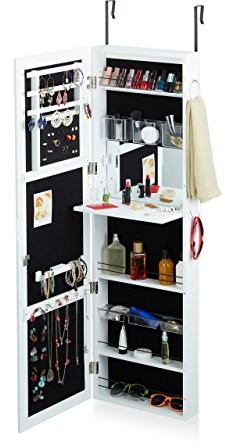 Relaxdays Biżuteria z lustrem zamykane na klucz, szafka z lustrem  duże wiszące na drzwi, wys. x szer. x gł.: 120 x 38,5 x 10 cm, biały 10021297