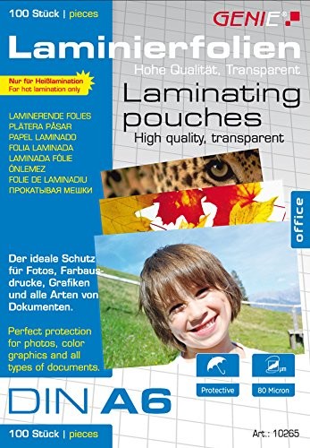 Genie 10262 foliami do laminowania (przezroczysty, 80 mikronów dla formatów do DIN A5, nadaje się do wszystkich urządzeń heisslami Nier) 100 10265
