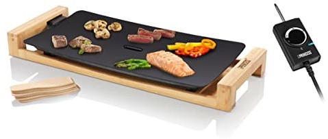 Princess Grill stołowy 103026 Table Chef Pure Black modne wykończenie z bambusa zbiornik na tłuszcz - wytrzymały odlew z aluminium - duża powierzchnia grillowa 50 x 25 cm - wysoka moc 2200 Watt 8712836967274