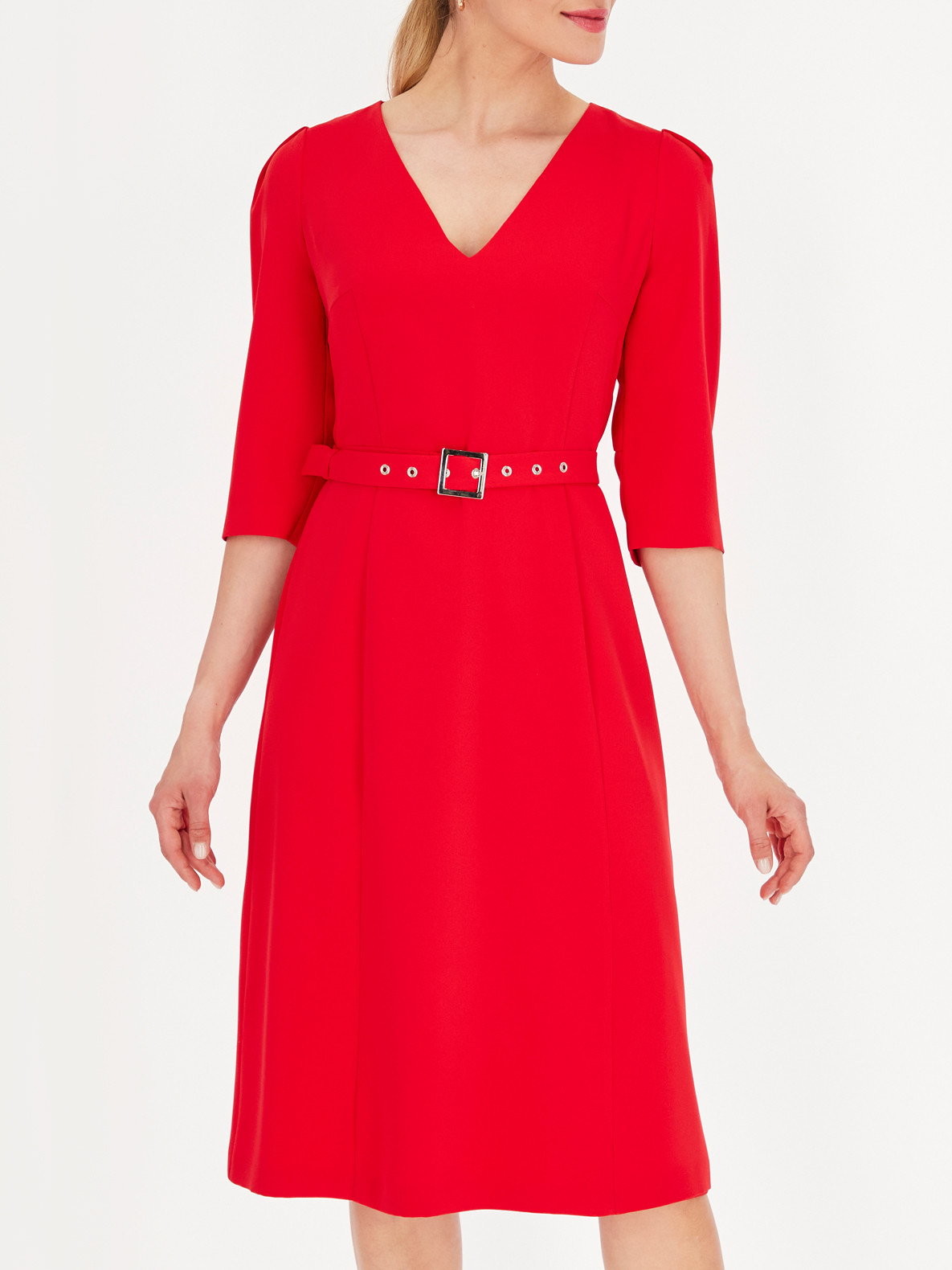 Potis&Verso Elegancka czerwona sukienka z paskiem Taylor