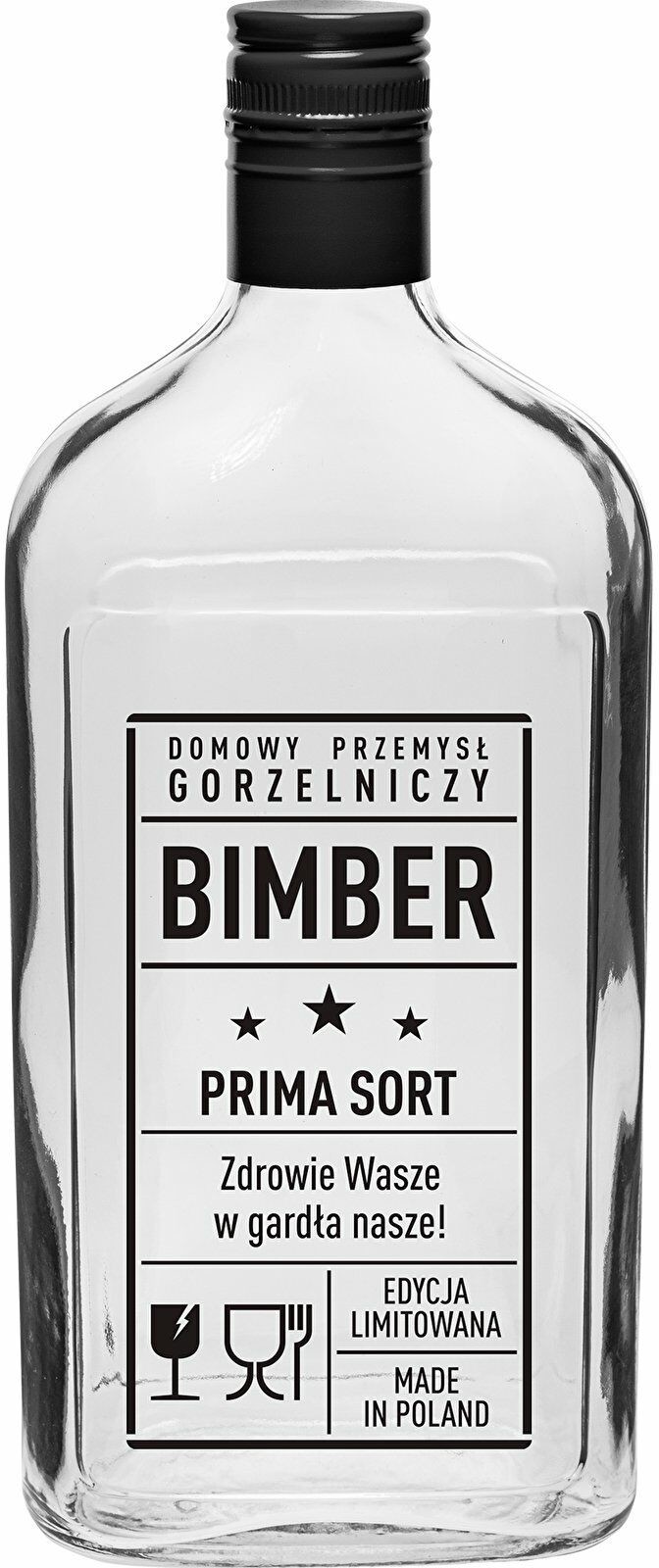 Browin Butelka Butelka Piersiówka 0,5 L z zakrętką i nadrukiem Bimber PRL