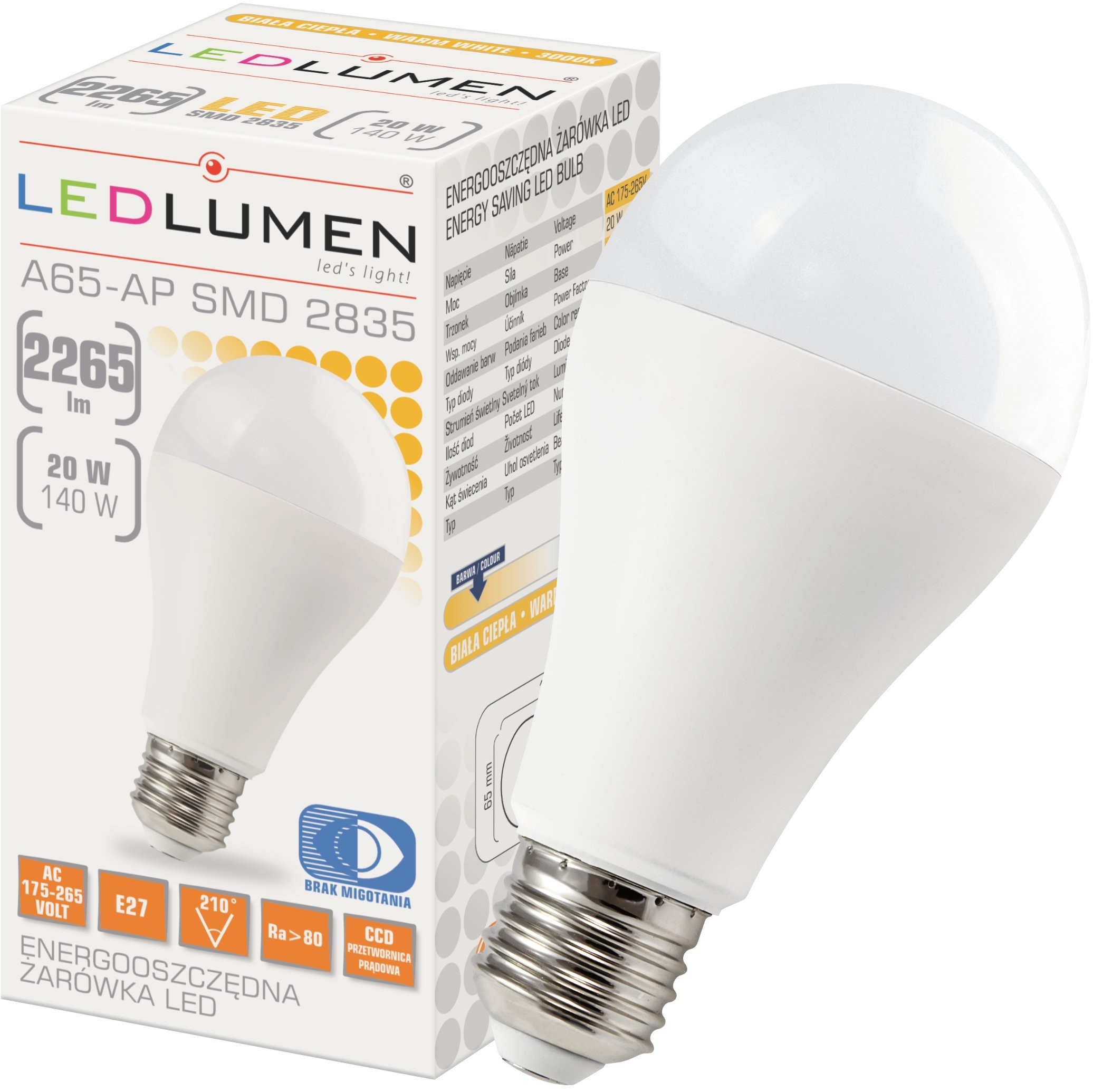 LEDlumen Żarówka LED A65-AP E27 20W 2265lm 30x2835 LED CCD CCD biała ciepła 251090403