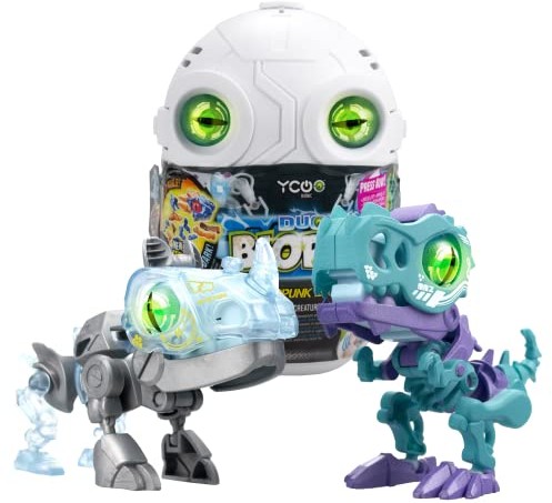 YCOO YCOO Robot dinozaur Duo Cyber Punk w jajku niespodziance do zbudowania, Efekty dźwiękowe i świetlne, 6 różnych biopodów do zebrania, 9 cm, Od 5 lat 88112