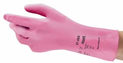 Ansell G12P rękawice z naturalnego lateksu gumowego, ochrona przed chemikaliami i cieczami, kolor różowy, rozmiar 8,5 (12 par w worku) 87085085