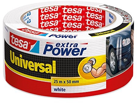 TESA extra Power mocna taśma klejąca uniwersalna wzmocniona tkaniną taśma naprawcza szeroka gama zastosowań doskonała przyczepność 25 m x 50 mm, biały 56388-00002-05