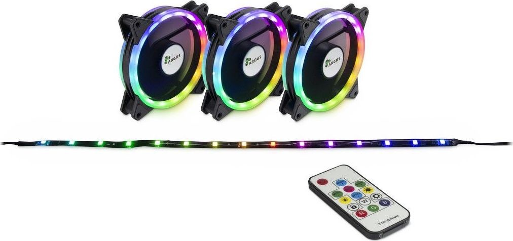 Inter-Tech Argus RGB Fan Set RS-04 120x120x25 case fan black 3-pack remote control 1x RGB LED strips control unit