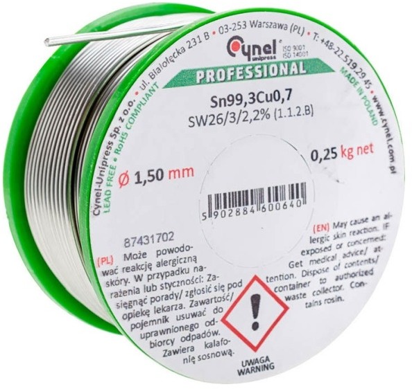 Cynel Spoiwo lutownicze bezołowiowe 1 5 mm 250 g CU1-SW26-15250